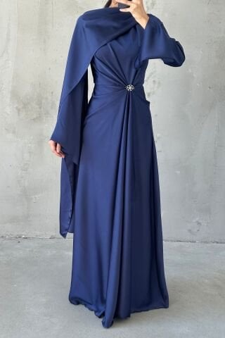 Flowing Fabric and Brooch Detailed Satin Hijab Evening Dress Navy Blue