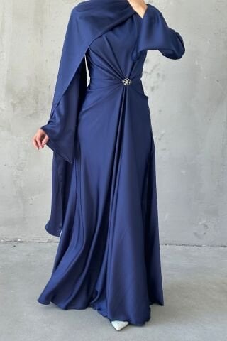 Flowing Fabric and Brooch Detailed Satin Hijab Evening Dress Navy Blue