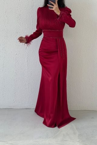Üstü Ve Kuşağı Pliseli Saten Tesettür Abiye Bordo