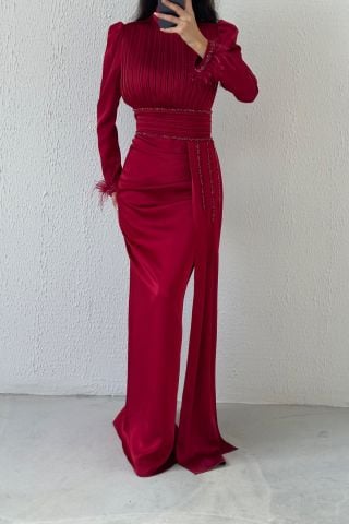 Üstü Ve Kuşağı Pliseli Saten Tesettür Abiye Bordo