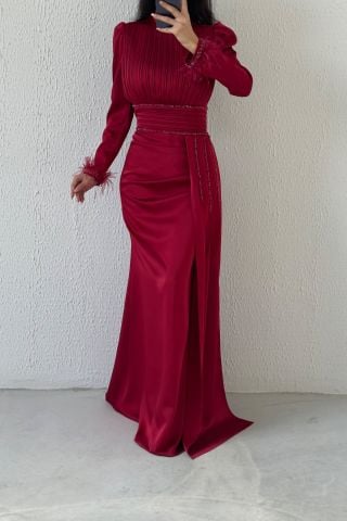 Üstü Ve Kuşağı Pliseli Saten Tesettür Abiye Bordo