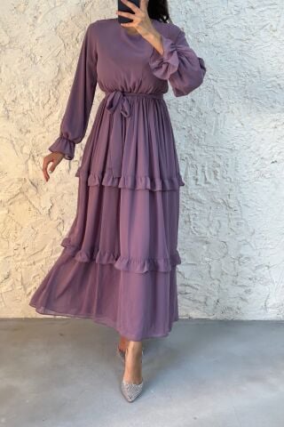 Eteği Fırfırlı Kemerli Tesettür Abiye Lila