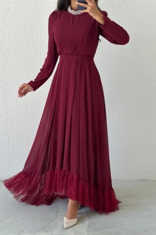 Chiffon Hijab Evening Dress Burgundy with Lace and Stone Detail on the Hem