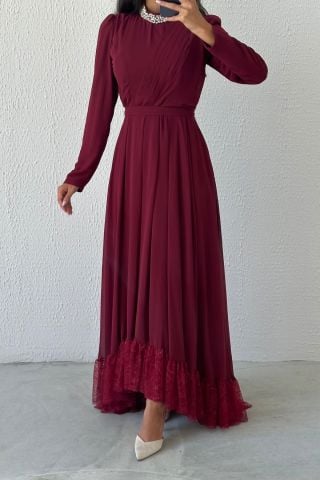 Etek Ucu Dantelli Taş Detaylı Şifon Tesettür Abiye Bordo