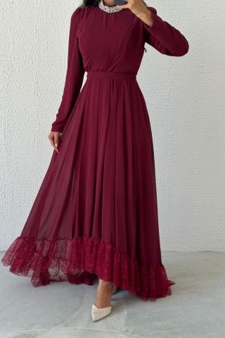 Etek Ucu Dantelli Taş Detaylı Şifon Tesettür Abiye Bordo
