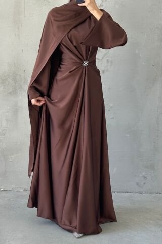Flowing Fabric and Brooch Detailed Satin Hijab Evening Dress Brown