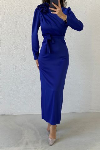 Gül Broş Detaylı Saten Tesettür Abiye Saks Mavisi