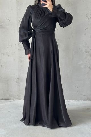 Işıltılı Kol Ve Bel Detaylı Tesettür Abiye Siyah