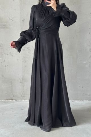 Işıltılı Kol Ve Bel Detaylı Tesettür Abiye Siyah