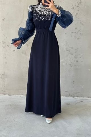 İnci Detaylı Organze Kol Tesettür Abiye Lacivert