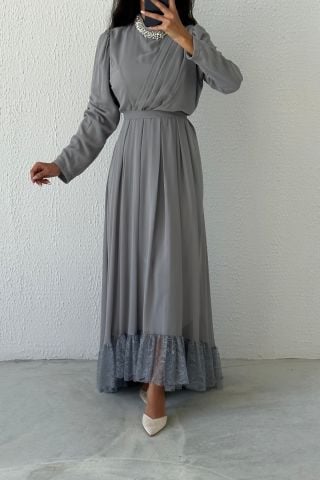 Etek Ucu Dantelli Taş Detaylı Şifon Tesettür Abiye Gri