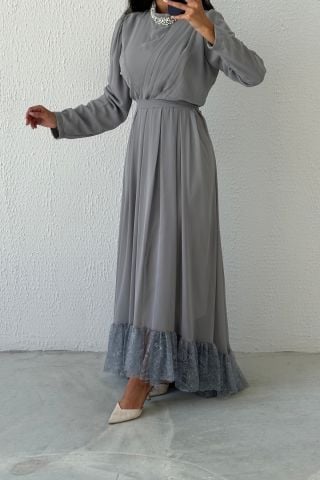 Etek Ucu Dantelli Taş Detaylı Şifon Tesettür Abiye Gri