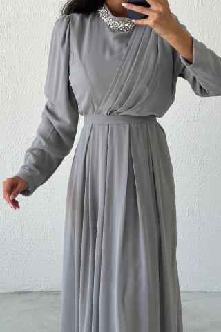 Chiffon Hijab Evening Dress Gray with Lace and Stone Detail on the Hem