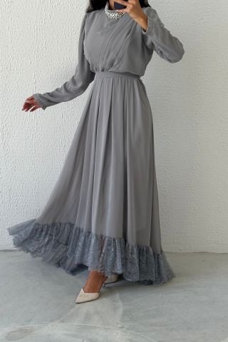 Etek Ucu Dantelli Taş Detaylı Şifon Tesettür Abiye Gri