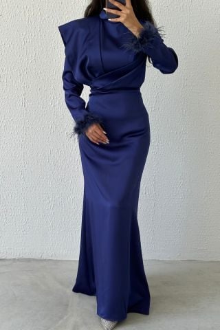 Feather Elegance: Shoulder Detailed Satin Hijab Evening Dress Navy Blue