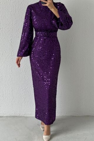 Kemerli Pul Payet Tesettür Abiye Mor