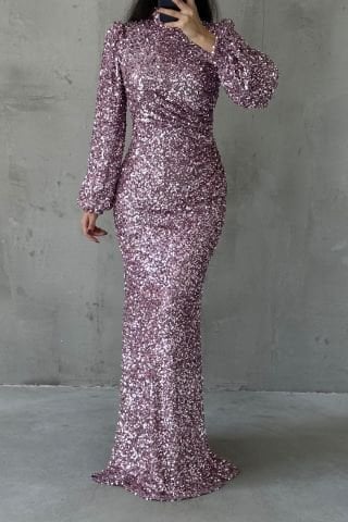 Sparkling Hijab Evening Dress with Sequin Detail Throughout Lilac
