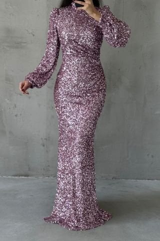 Sparkling Hijab Evening Dress with Sequin Detail Throughout Lilac