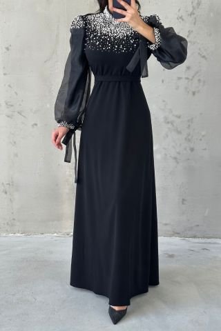 Pearl Detailed Organza Sleeve Hijab Evening Dress Black