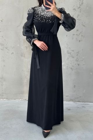 Pearl Detailed Organza Sleeve Hijab Evening Dress Black