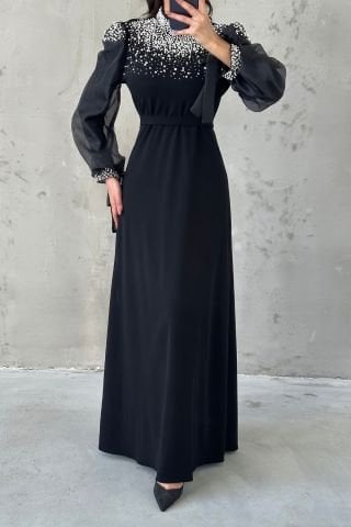 Pearl Detailed Organza Sleeve Hijab Evening Dress Black