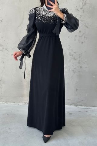 Pearl Detailed Organza Sleeve Hijab Evening Dress Black