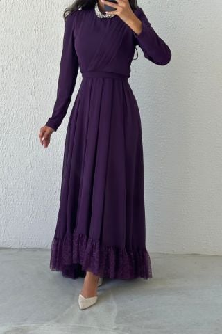Etek Ucu Dantelli Taş Detaylı Şifon Tesettür Abiye Mor