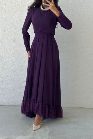 Etek Ucu Dantelli Taş Detaylı Şifon Tesettür Abiye Mor