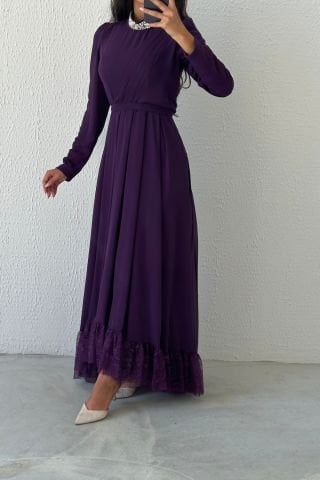 Etek Ucu Dantelli Taş Detaylı Şifon Tesettür Abiye Mor