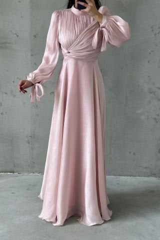 Flowing Fabric Hijab Evening Dress with Sleeve Tie Detail Powder