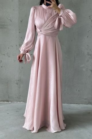 Flowing Fabric Hijab Evening Dress with Sleeve Tie Detail Powder