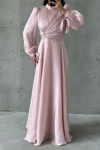 Flowing Fabric Hijab Evening Dress with Sleeve Tie Detail Powder