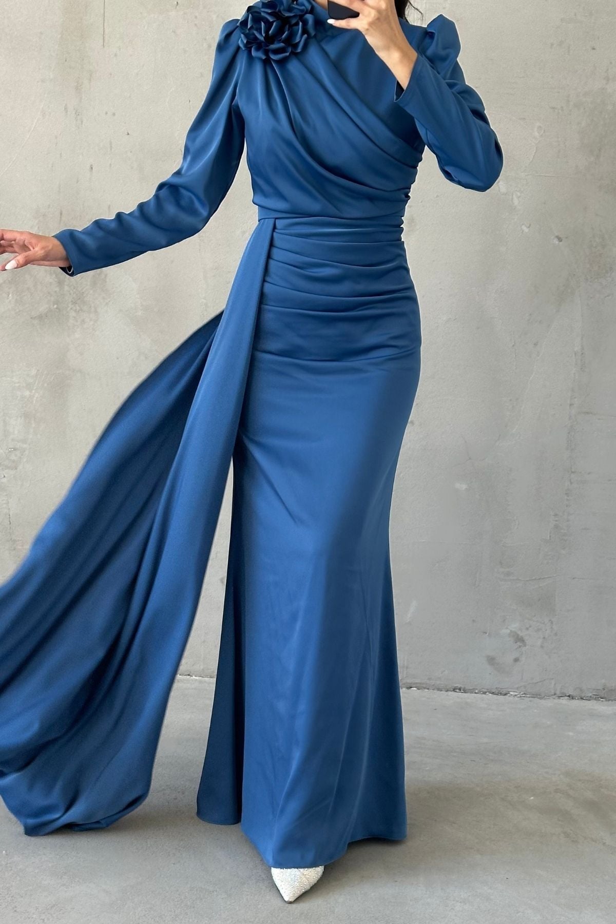 Indigo Satin Hijab Evening Dress with Draped Flower Detail on the Shoulder