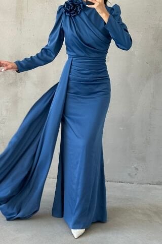 Indigo Satin Hijab Evening Dress with Draped Flower Detail on the Shoulder