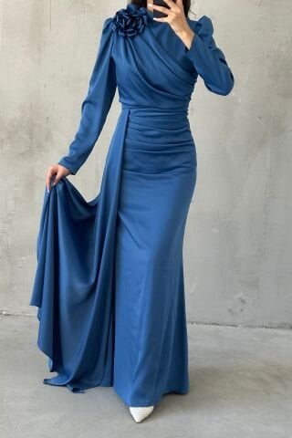 Indigo Satin Hijab Evening Dress with Draped Flower Detail on the Shoulder