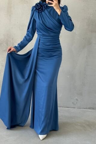 Indigo Satin Hijab Evening Dress with Draped Flower Detail on the Shoulder
