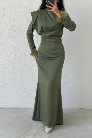 Feather Elegance: Shoulder Detailed Satin Hijab Evening Dress Khaki