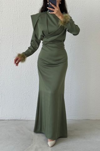 Feather Elegance: Shoulder Detailed Satin Hijab Evening Dress Khaki