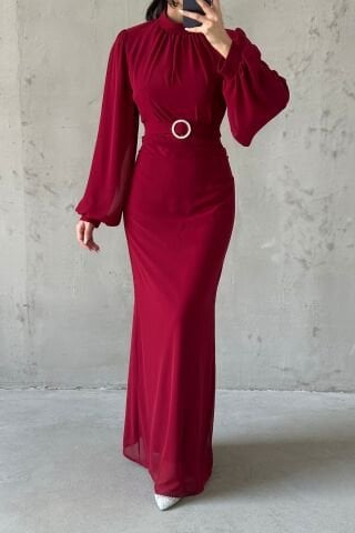 Belted Chiffon Hijab Evening Dress with Gather Detail, Claret Red
