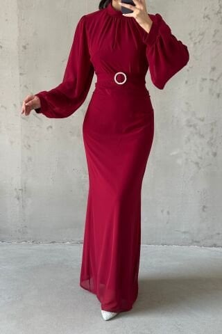 Şık Tasarım Bordo Kemerli Şifon Tesettür Abiye Elbise