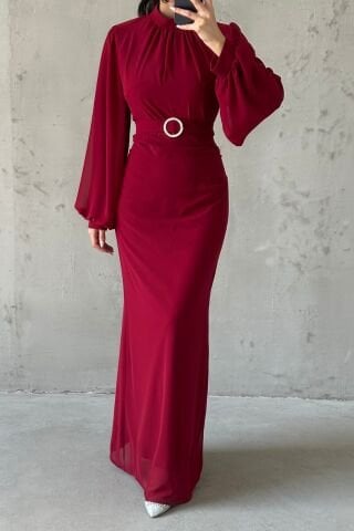 Şık Tasarım Bordo Kemerli Şifon Tesettür Abiye Elbise