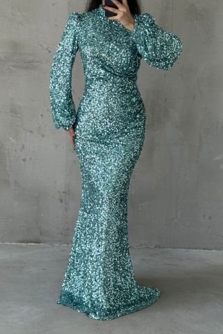 Sparkly Hijab Evening Dress with Sequin Detail Throughout Mint Green