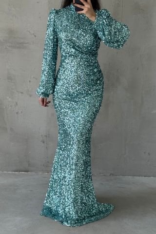 Sparkly Hijab Evening Dress with Sequin Detail Throughout Mint Green