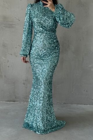 Sparkly Hijab Evening Dress with Sequin Detail Throughout Mint Green