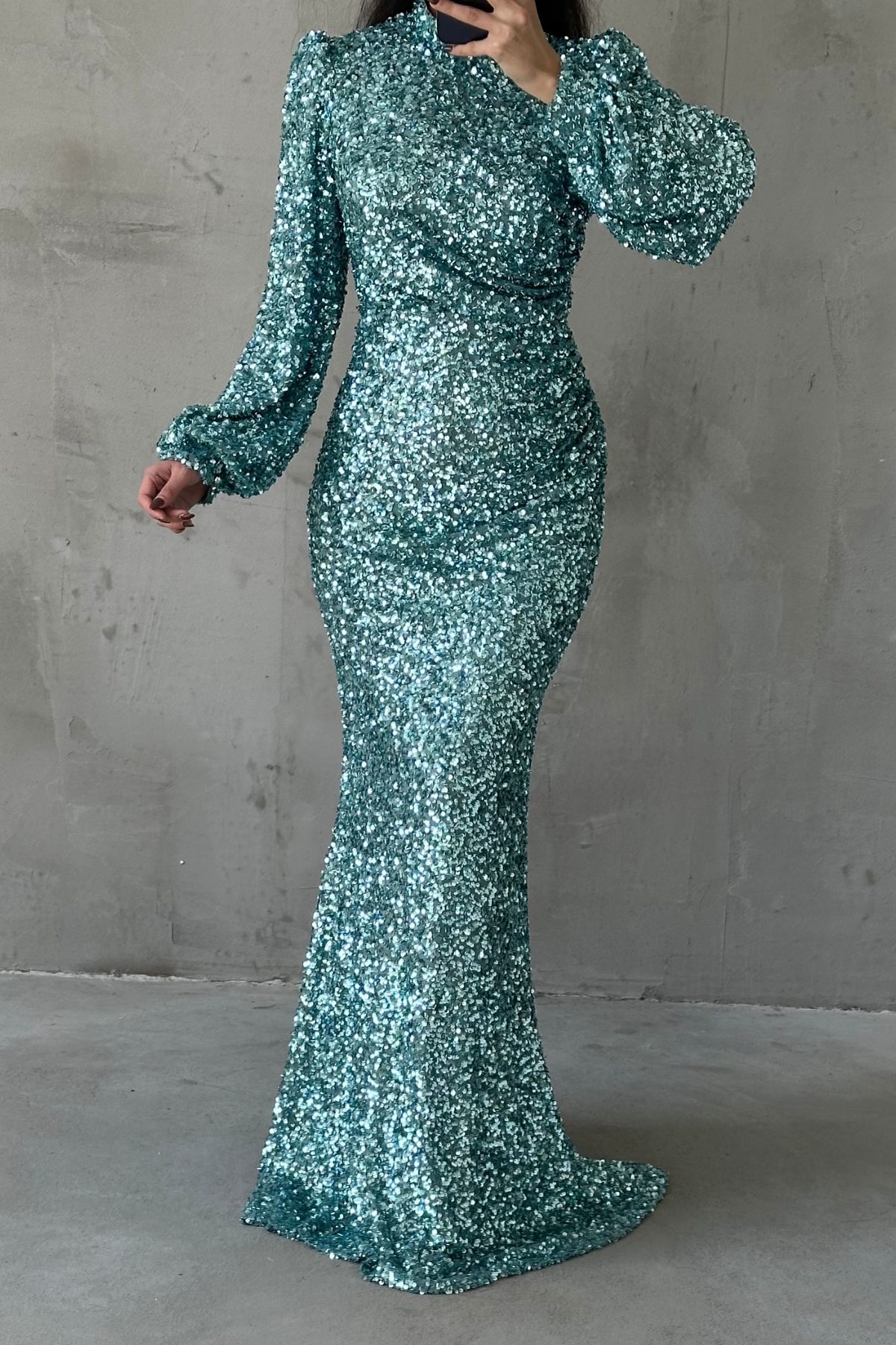 Sparkly Hijab Evening Dress with Sequin Detail Throughout Mint Green