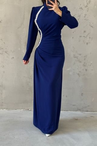 Elegant Stone Detailed Pleated Crepe Hijab Evening Dress Navy Blue