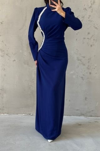 Elegant Stone Detailed Pleated Crepe Hijab Evening Dress Navy Blue