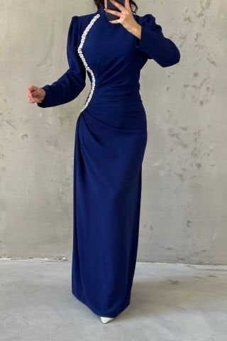 Elegant Stone Detailed Pleated Crepe Hijab Evening Dress Navy Blue