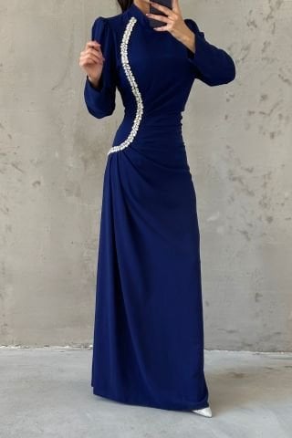 Elegant Stone Detailed Pleated Crepe Hijab Evening Dress Navy Blue