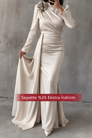 Omuzdan Çiçek Detaylı Drapeli Saten Tesettür Abiye Taş